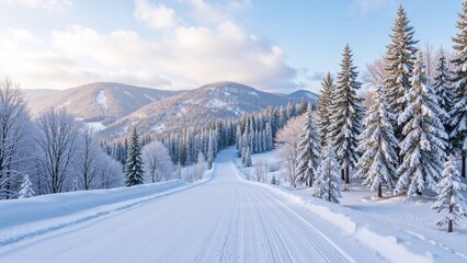 Obraz premium Snow-covered trees along a winding road with soft afternoon light, long shadows, peaceful and isolated winter setting, wide view of the landscape
