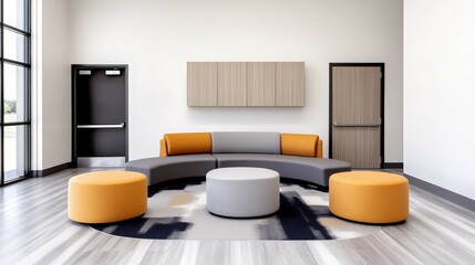 Modern lounge area with colorful seating and minimalist design.