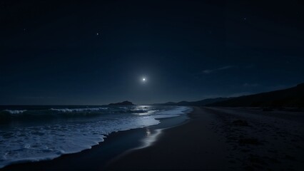 Fototapeta premium Photorealistic coastal scene during the longest night with moonlit ocean waves, empty beach, and distant stars, peaceful and timeless atmosphere