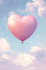 Fototapeta premium A pink heart-shaped balloon floats serenely against a bright sky dotted with fluffy white clouds, evoking feelings of love and joy