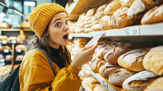 surprised woman in a bakery reacts to the price of bread, surrounded by fresh loaves on the shelves, highlighting shopping and everyday life moments.