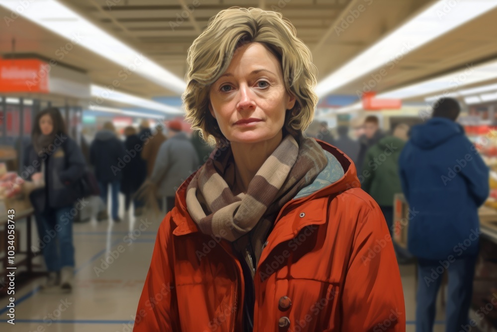 Wall mural Portrait of a tender woman in her 50s sporting a quilted insulated jacket while standing against busy supermarket aisle background