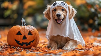 A cute dog on a ghost Halloween cosplay