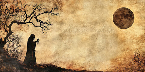 Grim Reaper scene,Aged parchment paper with a spooky Halloween scene and a full moon, grunge texture, brown and beige tones, vintage wallpaper design,Generated By Ai