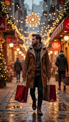 Stylish man walking through a festive street with shopping bags during the Christmas season