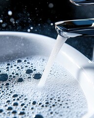 Modern Sink with Flowing Water and Bubbles