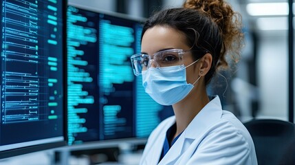 A healthcare professional in a lab coat and mask analyzes data on digital screens, showcasing the intersection of medicine and technology.