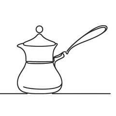 A black and white drawing of a pot with a lid and a spoon. The pot is sitting on a table