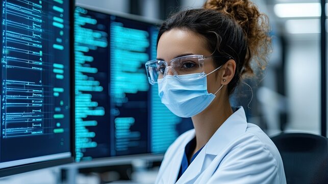 A healthcare professional in a lab coat and mask analyzes data on digital screens, showcasing the intersection of medicine and technology.