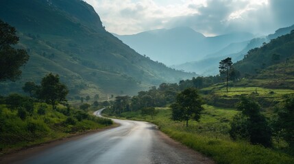 Scenic mountain landscape with serene roadway at dawn for travel design