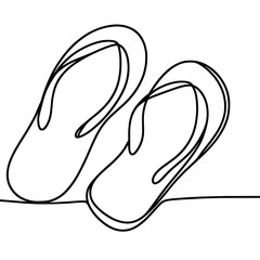 Two flip flops are shown in a black and white drawing. The flip flops are positioned on a white background, and they appear to be standing upright. Concept of simplicity and minimalism