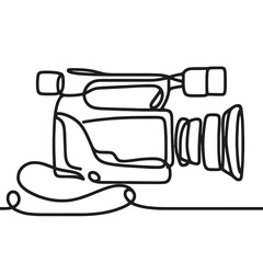 A camera is shown in a black and white drawing. The camera is a professional type of camera, and it is being used to record a video. The camera is placed on a surface, and it is surrounded by a cord