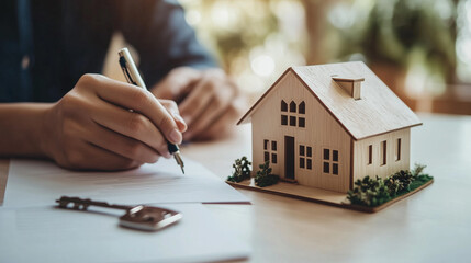 person signs a real estate contract with a miniature house and keys on the table, symbolizing property purchase, home ownership, or real estate investment.