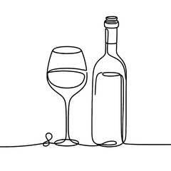A wine bottle and a wine glass are drawn in a lineart style. The wine glass is half full, and the bottle is half empty