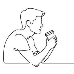 A man is sitting at a table with a cup of coffee in his hand. The image is in black and white and has a simple, minimalist style. The man is enjoying his coffee and taking a break from his day