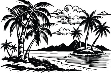 Black and White Engraving of Beach, Sea, and Palm Trees on White Background