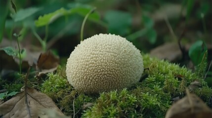 A white puffball mushroom sits on a bed of green moss with dead leaves in the background.