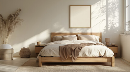 Minimalist bedroom with natural wood furniture, soft beige bedding, and neutral tones. Sunlight streams through the window, enhancing the serene, cozy atmosphere.