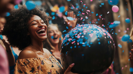 Fototapeta premium joyful family celebrates outdoors, popping a large confetti-filled balloon, with colorful confetti bursting into the air, creating a fun, festive atmosphere.