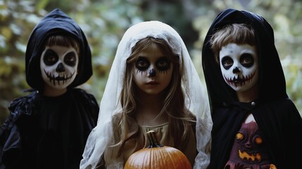 Three children in spooky makeup celebrate Halloween with a carved pumpkin