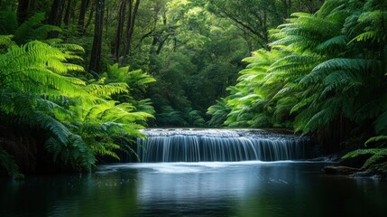 A small waterfall cascades through lush green ferns in a serene forest.