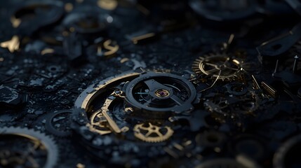 Intricate dismantled mechanical watch with detailed gears and springs on dark background, symbolizing precision and complexity in teardown analysis.
