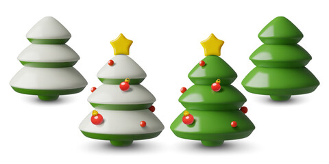 3d Christmas tree and winter pine trees with star and red balls. Minimal New Year illustrations set in a cute plastic toy style.