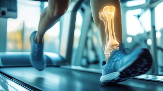 The image shows a person running on a treadmill in a gym. Their lower leg, highlighted with translucent X-ray imagery, shows the bone structure of their shin and ankle as they exercise. - Powered by Adobe