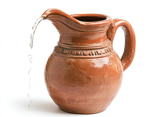 Water pouring out of clay jug isolated on white background