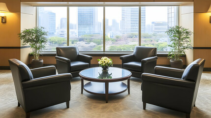 Fototapeta premium A modern lounge area with chairs and a table, featuring a city view through large windows.
