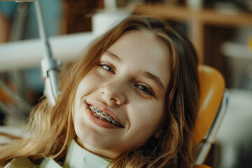Girl with braces at orthodontist, receiving dental checkup, showing concept of dental care
