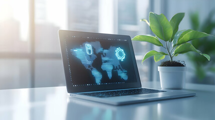 3D Laptop with Holographic Plant and Chart: Innovative Tech Concept for Environmental Growth and Success on Glossy White Desk - Perfect for Modern Business and Eco-Friendly Designs