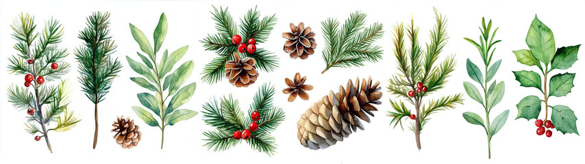 Fototapeta premium Border with New Year plants, branches, cones. Christmas seamless pattern.