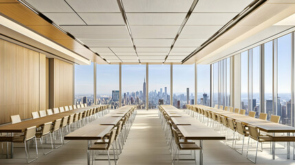 Obraz premium Modern conference room with large windows showcasing a city skyline view.