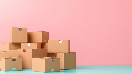 Obraz premium Stack of cardboard boxes against pastel color background, concept of shipping