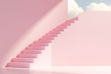 Obraz premium Pink staircase leading to heaven against pastel background, modern abstract concept