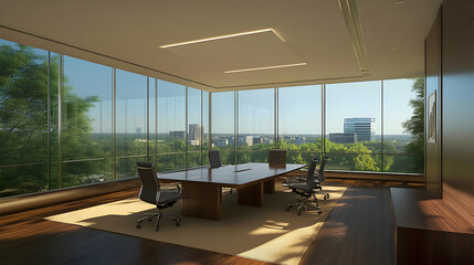 Fototapeta premium A modern office space with large windows offering a view of the cityscape.