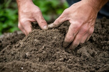Devoted caretaker: farmer holds soil in his hands, dedication, stewardship, connection to land, nurturing every seed with responsibility, care, cultivating growth for future harvests.