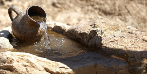 A stone spring with water flowing from a clay jug