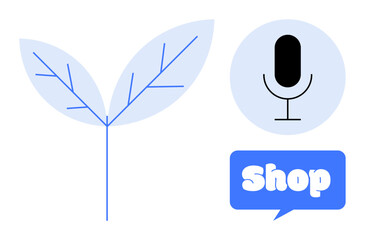 A minimalist image of a twig with two leaves, a microphone symbol inside a circle, and a speech bubble with Shop text Ideal for nature, e-commerce, technology, podcast, environment themes Simple