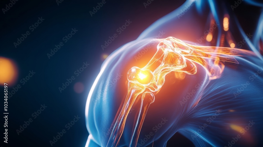 Leinwandbilder This displays a close-up view of a human shoulder joint, emphasizing its intricate structure and function during movement. The visual highlights the interconnected bones and tissues within the joint.