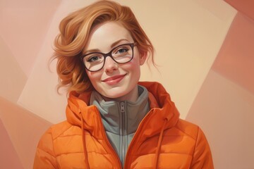 Portrait of a jovial woman in her 30s sporting a quilted insulated jacket in front of pastel or...