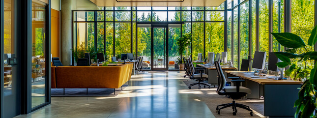 A modern office with glass walls, interior design photography, a large open space.