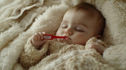 Baby sleeping peacefully with a thermometer in their hand resting on a soft blanket