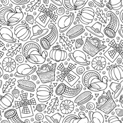 Naklejka premium Cartoon cute hand drawn Thanksgiving seamless pattern.