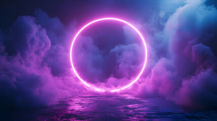 3D Render: Neon Circle Light in a Purple Sky with Clouds and Water