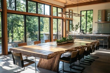 Obraz premium An inviting dining area featuring a large reclaimed wood table surrounded by chairs made from sustainable materials. Natural light floods the room through expansive windows, creating a warm