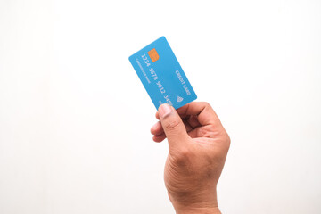 Hand showing credit card, or card, or business card or voucher, isolated on white background, template, mock-up