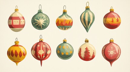 Vintage Christmas ornaments in various colors and designs, showcasing traditional festive decor for holiday celebrations.