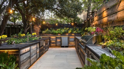 Obraz premium A stylish outdoor kitchen designed for eco-friendly living, featuring energy-efficient appliances and reclaimed wood surfaces. The kitchen is surrounded by a lush garden, enhancing the outdoor